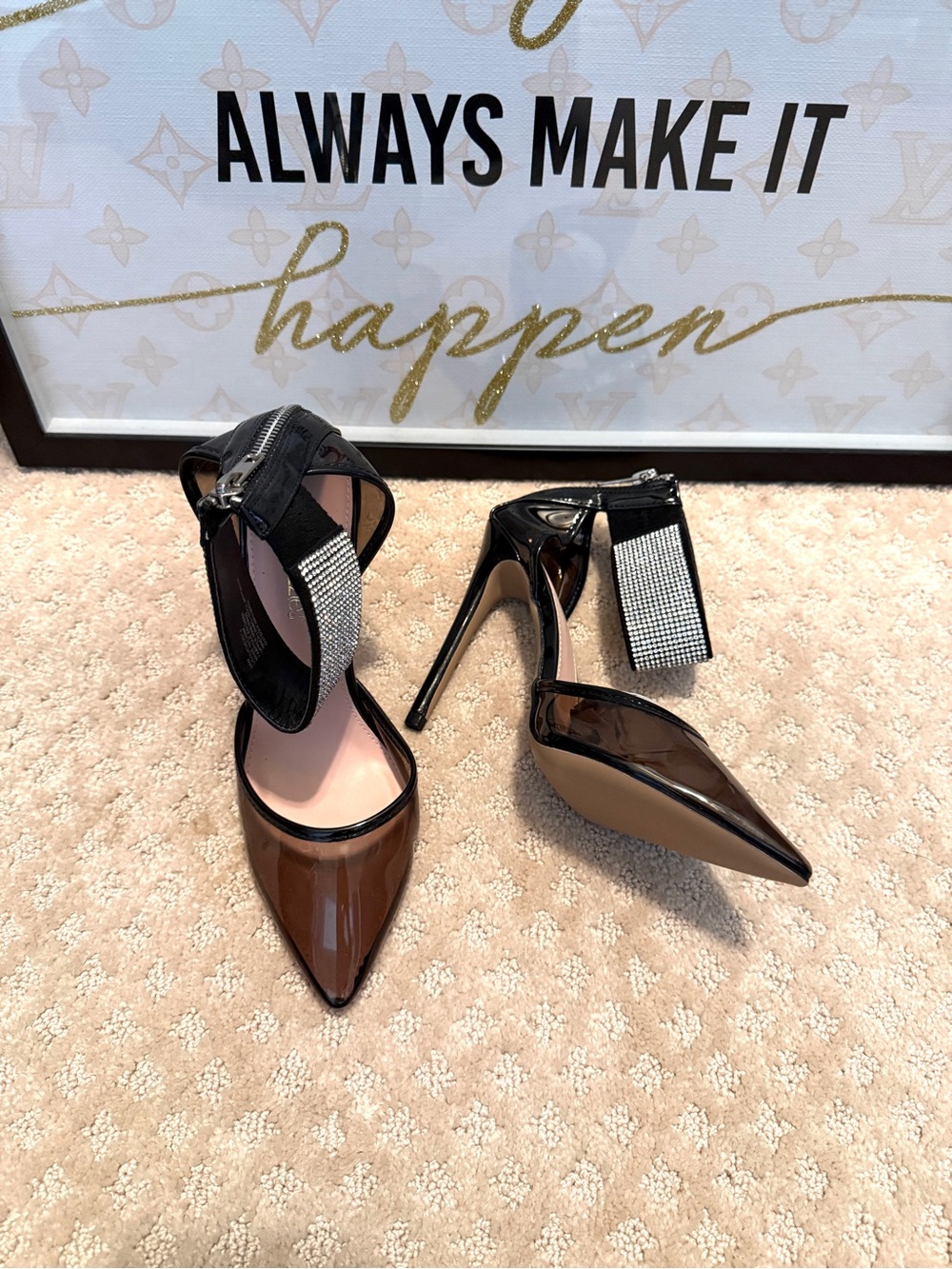 Shoe Dazzle Black Patent Pointed Stiletto Pumps with Rhinestone Ankle Cuffs